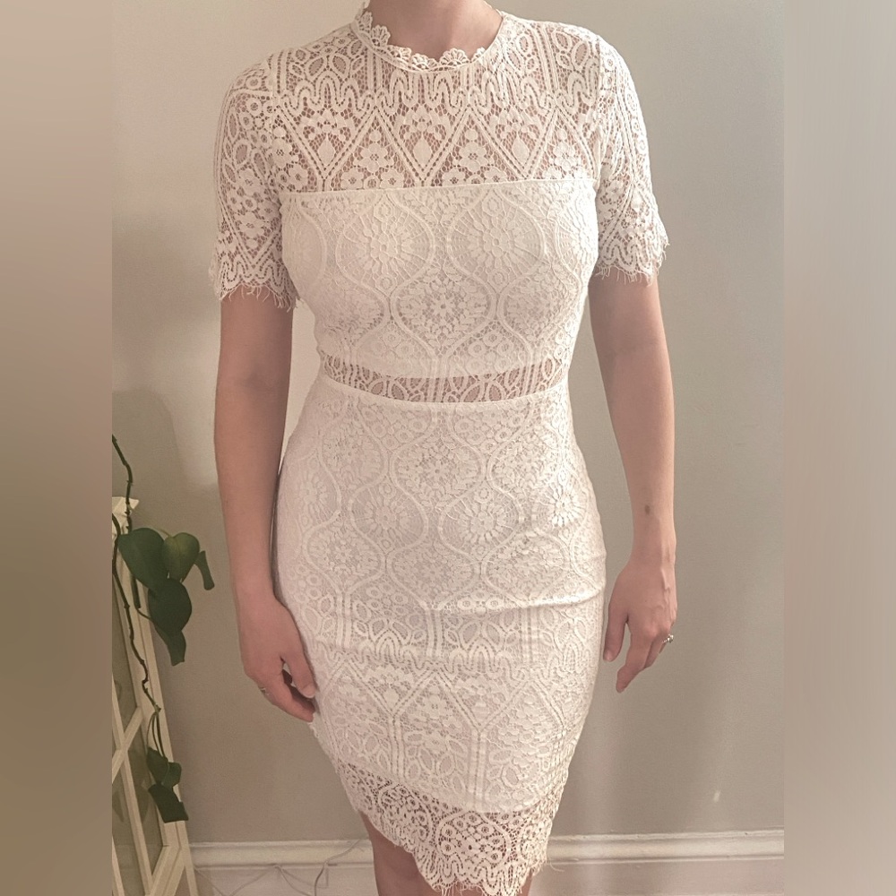 Lulu’s White Sheer Lace Short Sleeve Mini Dress